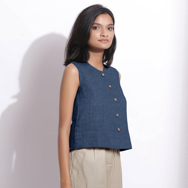 Navy Blue Cotton Linen Sleeveless Button-Down Shirt