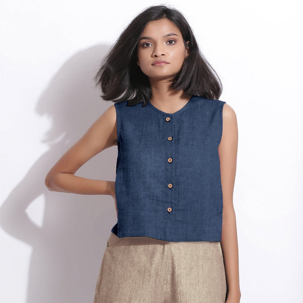 Navy Blue Cotton Linen Sleeveless Button-Down Shirt