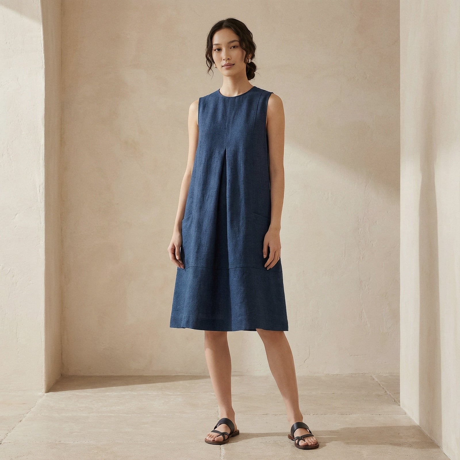 Navy Blue Cotton Linen Sleeveless Paneled Swing Dress Custom Size (Free) / Regular (5'2" - 5'6") Navy Blue Cotton Linen Sleeveless Paneled Swing Dress Custom Size (Free) / Regular (5'2" - 5'6")