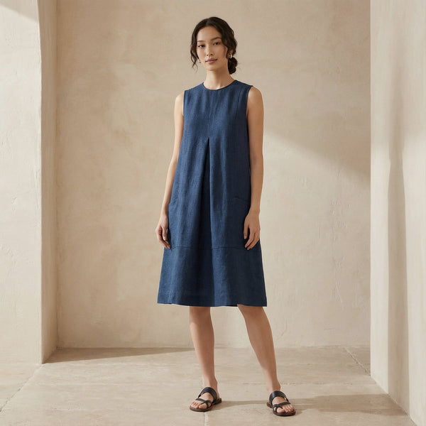 Navy Blue Cotton Linen Sleeveless Paneled Swing Dress Custom Size (Free) / Regular (5'2