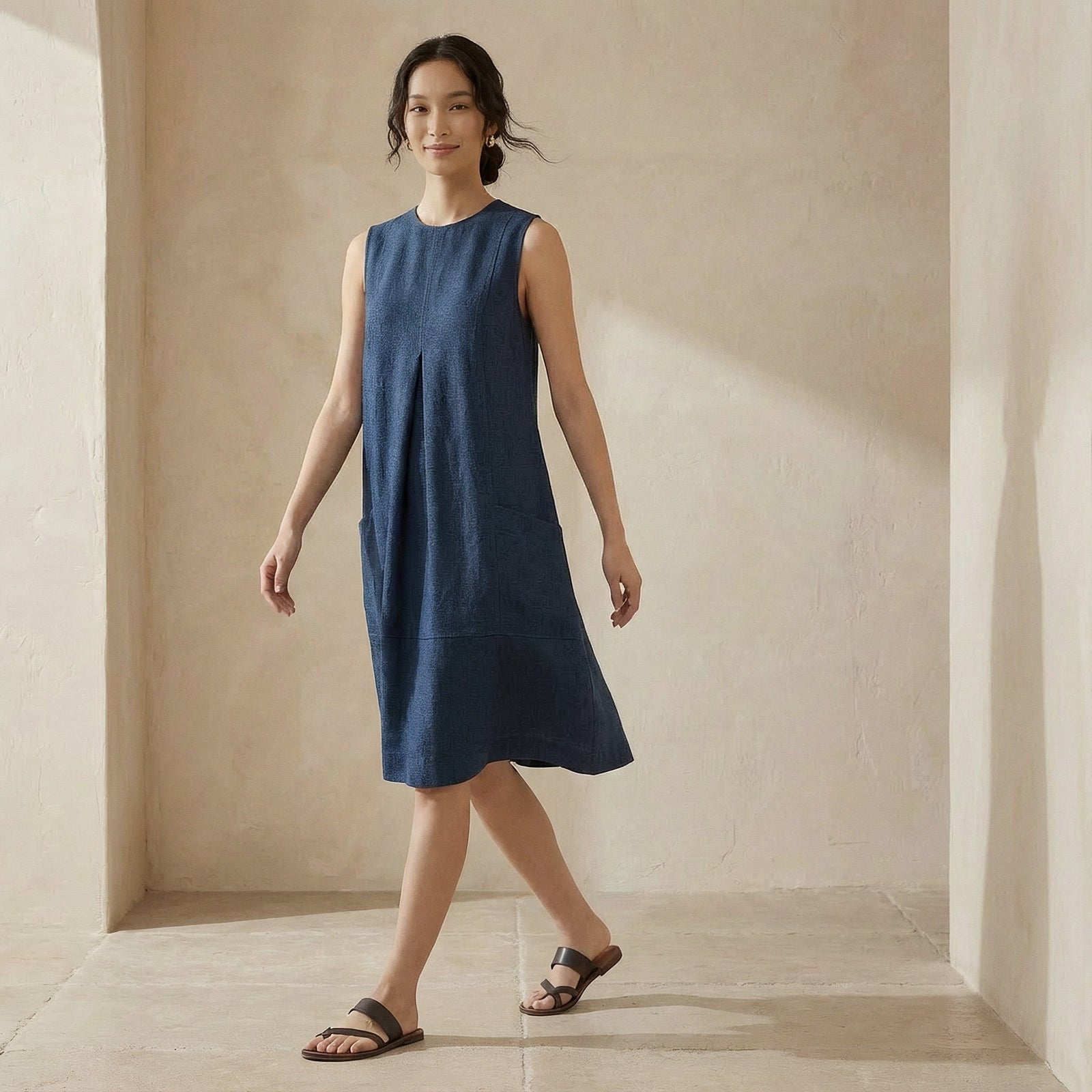 linen swing dress Navy Blue Cotton Sleeveless Paneled Custom Size (Free) / Regular (5'2