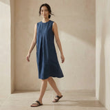 Navy Blue Cotton Linen Sleeveless Paneled Swing Dress