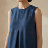 Navy Blue Cotton Linen Sleeveless Paneled Swing Dress