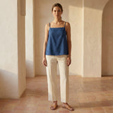 Navy Blue Cotton-Linen Spaghetti Strap Top with Elastic Gathered Back