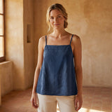 Navy Blue Cotton-Linen Spaghetti Strap Top with Elastic Gathered Back