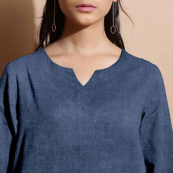 Navy Blue Cotton Linen Split-Neck Tunic Top