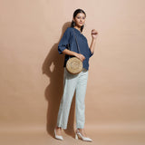Navy Blue Cotton Linen Split-Neck Tunic Top