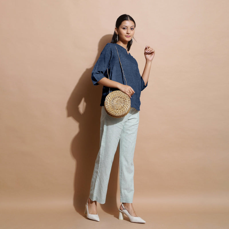 Navy Blue Cotton Linen Split-Neck Tunic Top