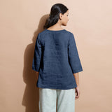 Navy Blue Cotton Linen Split-Neck Tunic Top