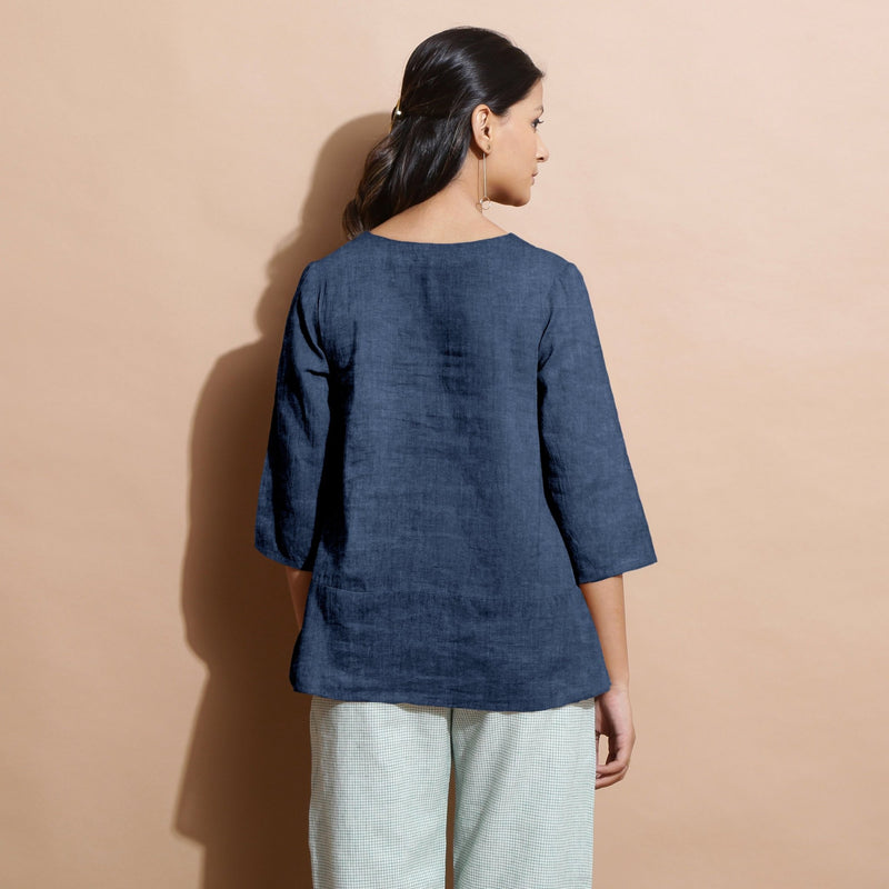 Navy Blue Cotton Linen Split-Neck Tunic Top
