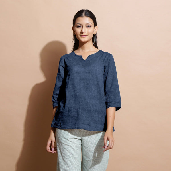 Navy Blue Cotton Linen Split-Neck Tunic Top