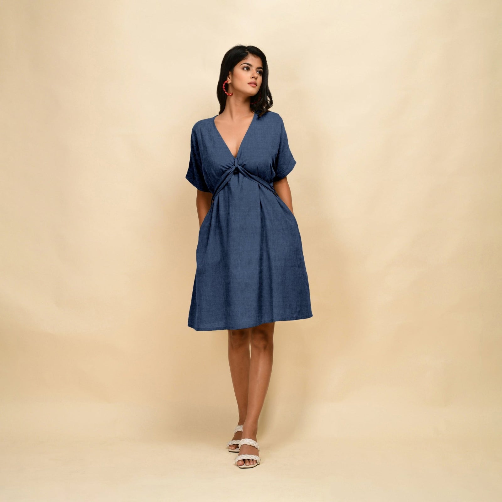 blue blouson dress Navy Cotton Linen V-Neck Knee Length 30