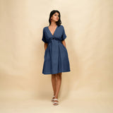 Navy Blue Cotton Linen V-Neck Knee Length Blouson Dress