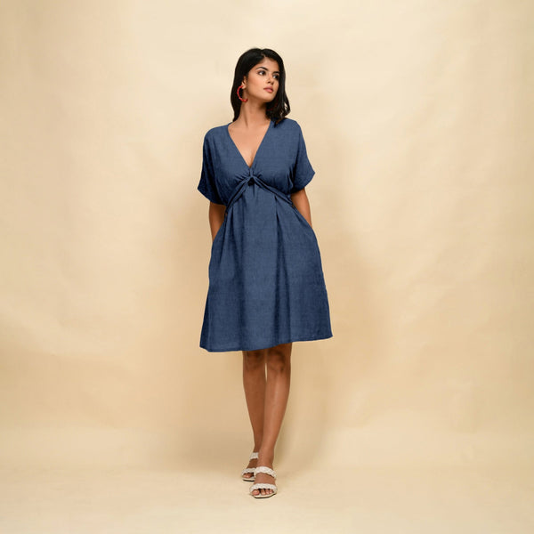 Navy Blue Cotton Linen V-Neck Knee Length Blouson Dress