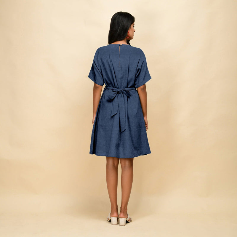 Navy Blue Cotton Linen V-Neck Knee Length Blouson Dress 30" / Petite (5'1" and below) Navy Blue Cotton Linen V-Neck Knee Length Blouson Dress 30" / Petite (5'1" and below)