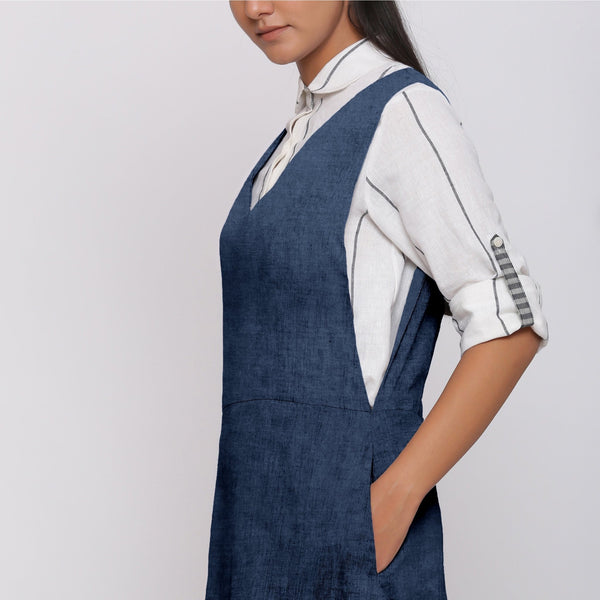 Navy Blue Cotton Linen V-Neck Midi Pinafore Dress
