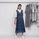 Navy Blue Cotton Linen V-Neck Midi Pinafore Dress