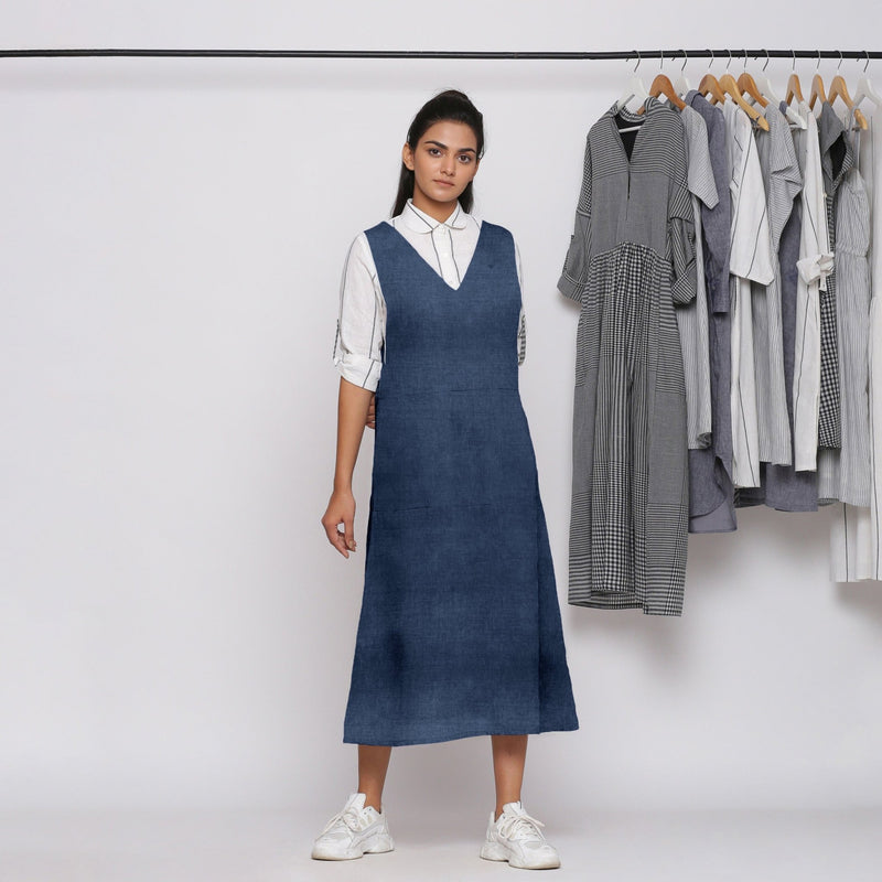Navy Blue Cotton Linen V-Neck Midi Pinafore Dress 32" / Tall (5'7" and above) Navy Blue Cotton Linen V-Neck Midi Pinafore Dress 32" / Tall (5'7" and above)