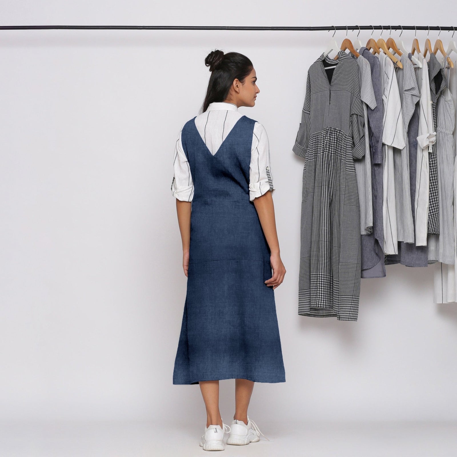 Navy Blue Cotton Linen V-Neck Midi Pinafore Dress 32