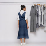 Navy Blue Cotton Linen V-Neck Midi Pinafore Dress