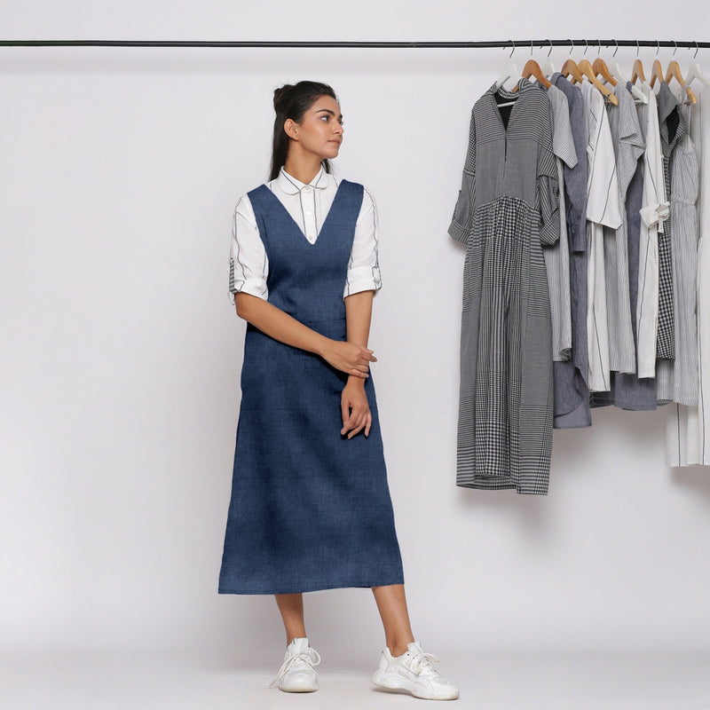 Navy Blue Cotton Linen V-Neck Midi Pinafore Dress