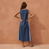 Navy Blue Cotton Linen Wavy Stripe Maxi Shift Dress