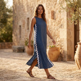 Navy Blue Cotton Linen Wavy Stripe Maxi Shift Dress