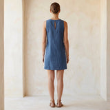 Navy Blue Cotton Linen Wavy Stripe Short Shift Dress