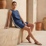 Navy Blue Cotton Linen Wavy Stripe Short Shift Dress