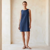 Navy Blue Cotton Linen Wavy Stripe Short Shift Dress