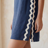 Navy Blue Cotton Linen Wavy Stripe Short Shift Dress