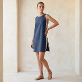 Navy Blue Cotton Linen Wavy Stripe Short Shift Dress