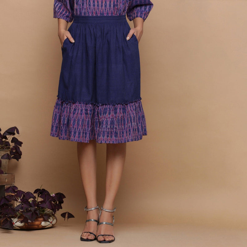 Front View of a Model wearing Navy Blue Ikat Handspun Tier Skirt