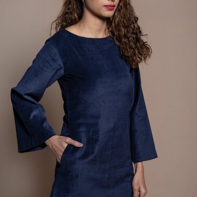 Front Detail of a Model wearing Navy Blue Cotton Velvet Sheath Dress