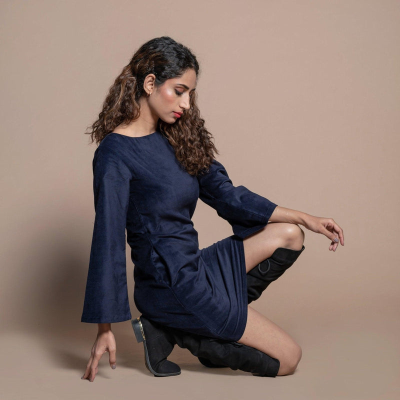 Right View of a Model wearing Navy Blue Cotton Velvet Sheath Dress