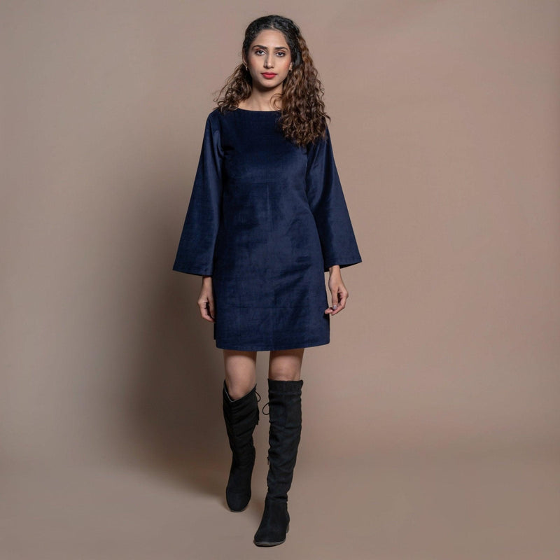 Front View of a Model wearing Navy Blue Cotton Velvet Sheath Dress