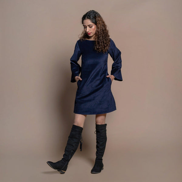 Front View of a Model wearing Navy Blue Cotton Velvet Boat Neck Sheath Short Dress