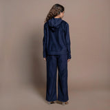 Back View of a Model wearing Navy Blue Cotton Velvet Hoodie Jacket