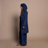 Navy Blue Cotton Velvet Front Open Hoodie Jacket