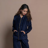 Front View of a Model wearing Navy Blue Cotton Velvet Hoodie Jacket