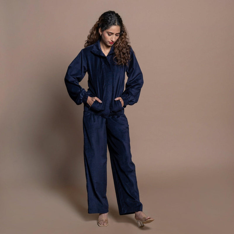 Front View of a Model wearing Navy Blue Cotton Velvet Princess Line Bomber Jacket