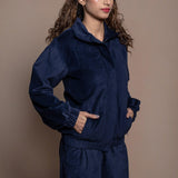 Right Detail of a Model wearing Navy Blue Cotton Velvet Princess Line Bomber Jacket