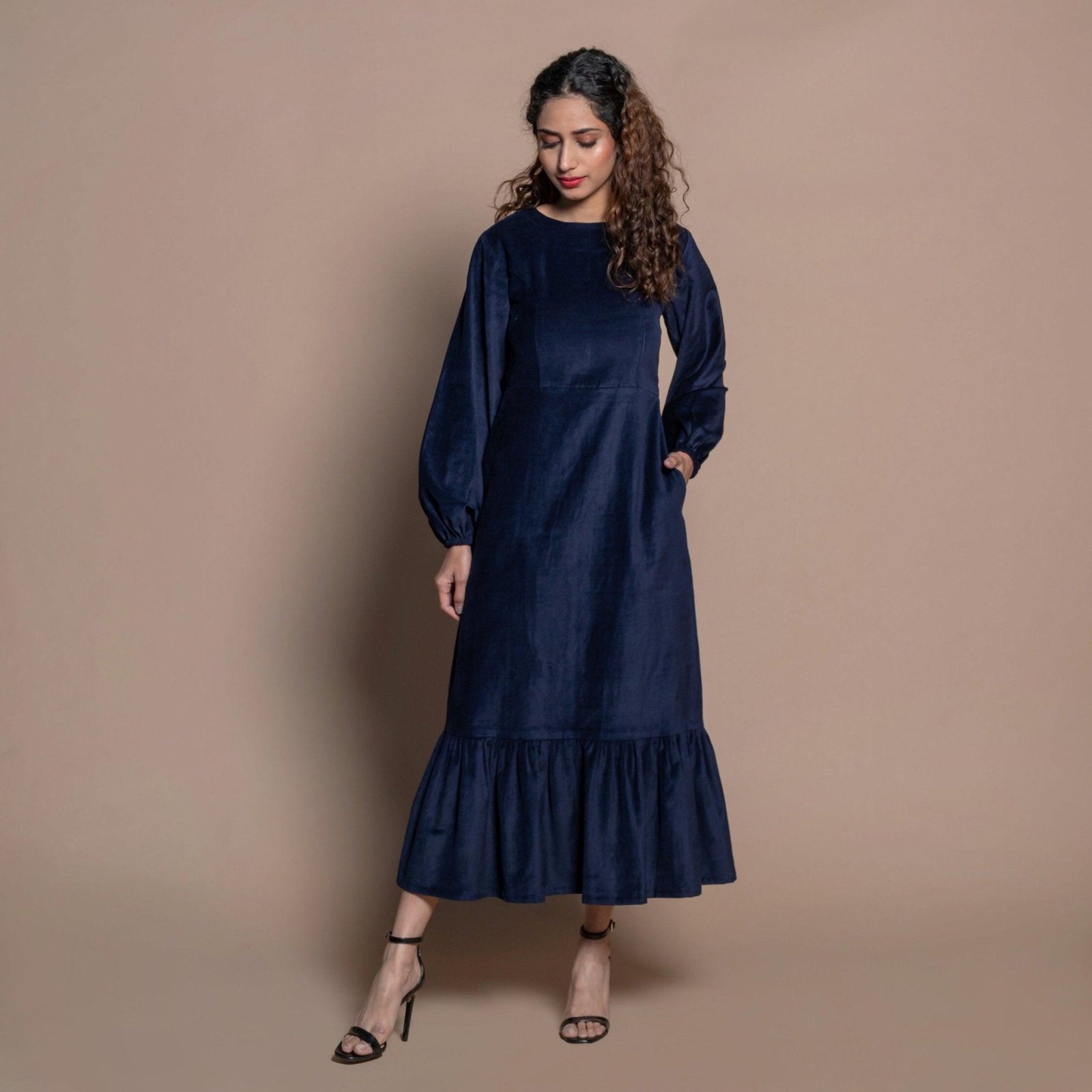 Navy Blue Cotton Velvet Princess Line Maxi Dress 64
