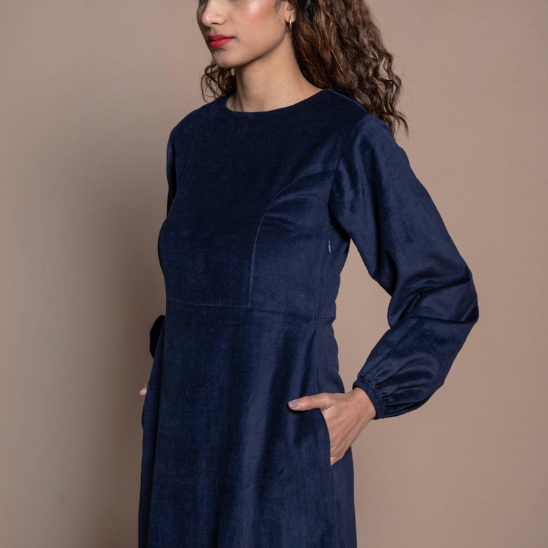 Front Detail of a Model wearing Navy Blue Cotton Velvet Tier Maxi Dress