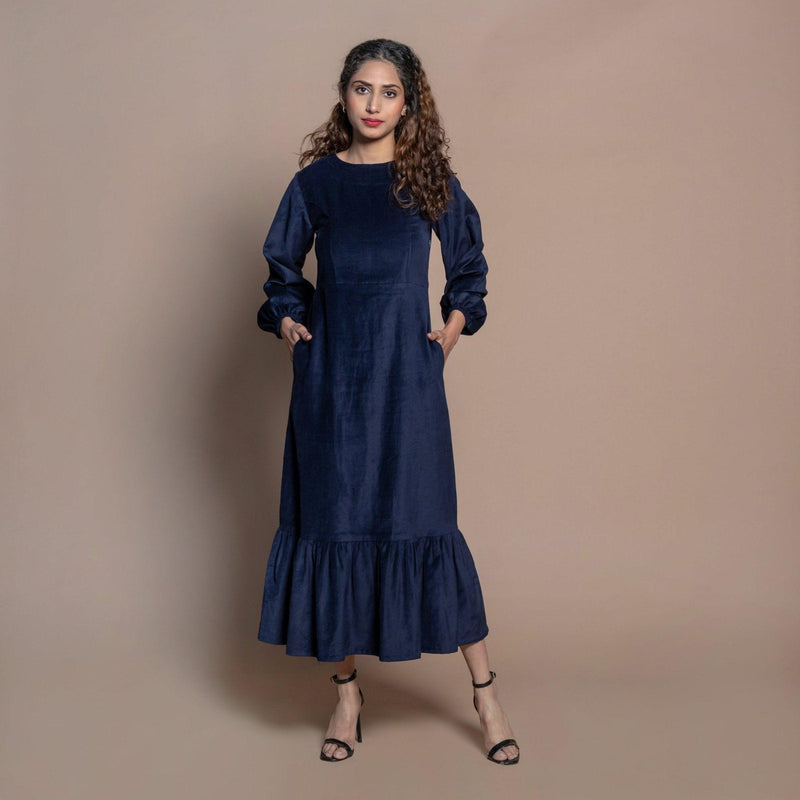 Navy Blue Cotton Velvet Princess Line Maxi Dress 64" / Regular (5'2" - 5'6") Navy Blue Cotton Velvet Princess Line Maxi Dress 64" / Regular (5'2" - 5'6")