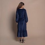 Back View of a Model wearing Navy Blue Cotton Velvet Princess Line Maxi Dress