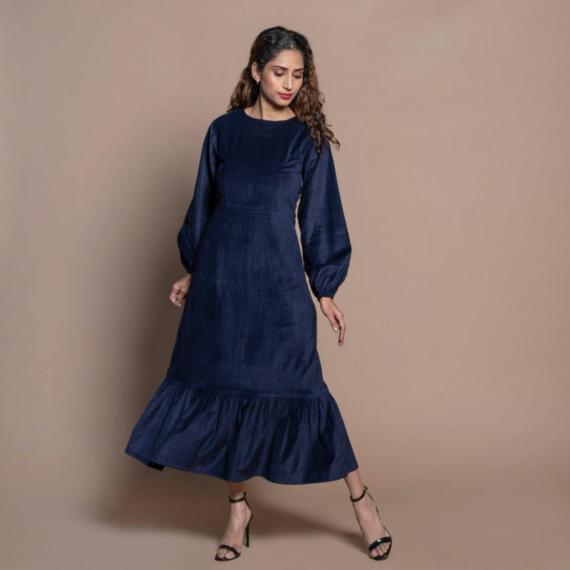 Front View of a Model wearing Navy Blue Cotton Velvet Princess Line Maxi Dress