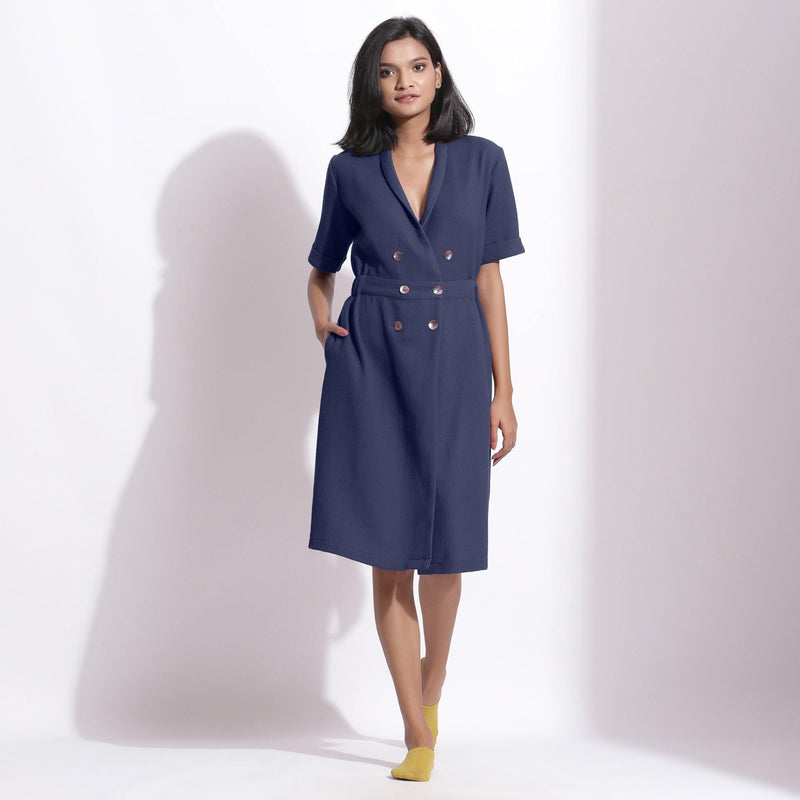 Navy Blue Cotton Waffle Knee Length Coat Dress 62" / Petite (5'1" and below) Navy Blue Cotton Waffle Knee Length Coat Dress 62" / Petite (5'1" and below)