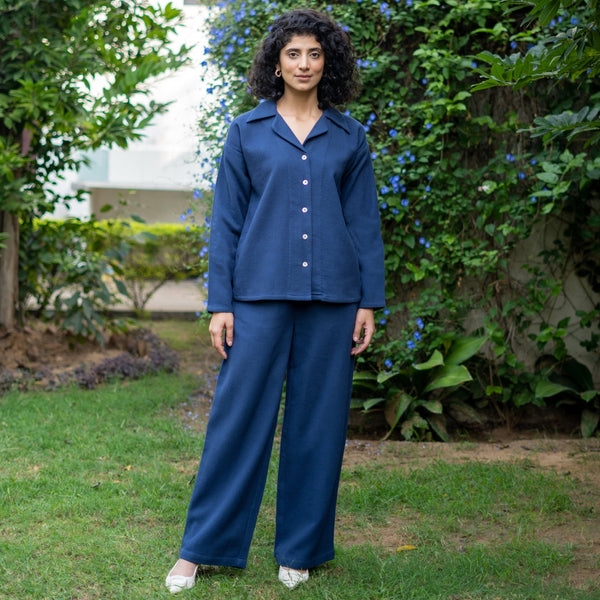 Navy Blue Cotton Waffle Shirt and High-Rise Pant Co-ord Set