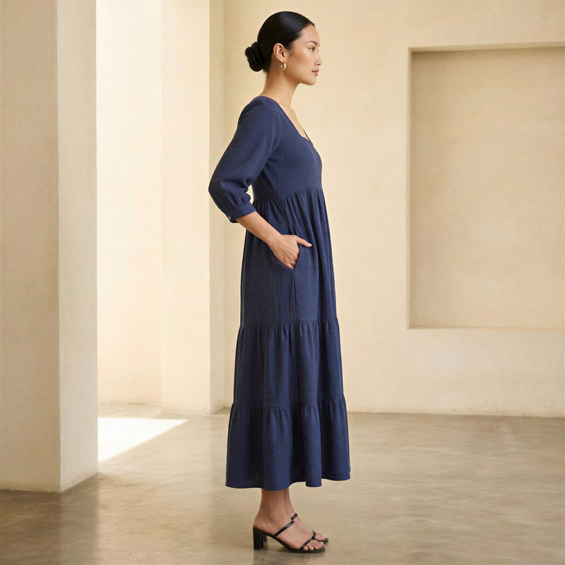 Navy Blue Cotton Waffle Square Neck Tiered Midi Dress 62